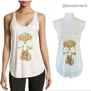 HAUTE HIPPIE Boho Ivory Bronze Studded Skull Graphic Racerback Tank Top
